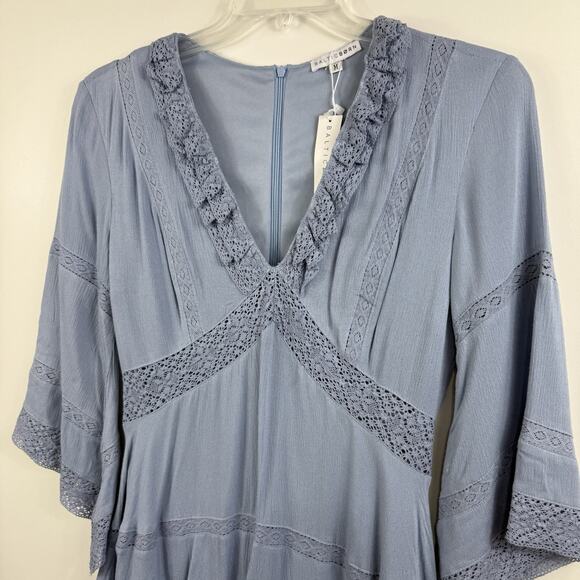 Cottagecore Baltic Born New Blue Mini Dress Medium Lace Trim Flared Sleeve - Picture 4 of 16